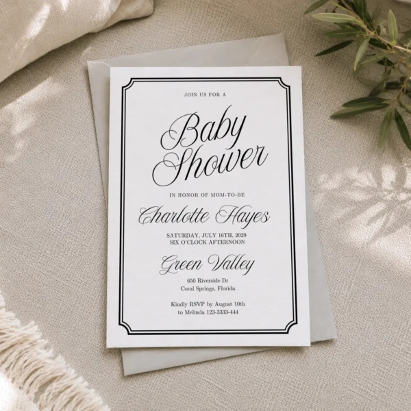 Black Elegant Baby Shower Invitation Canva Template preview