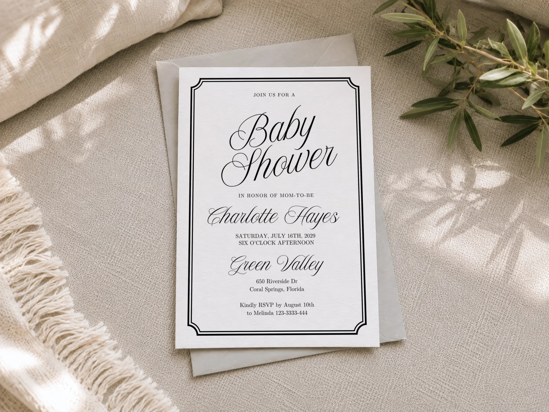 Black Elegant Baby Shower Invitation Canva Template preview