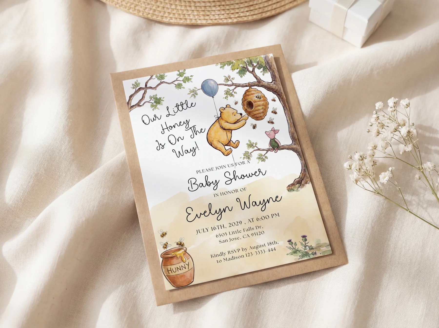 Winnie Beige Baby Shower Invitation Set Canva Template detail 3