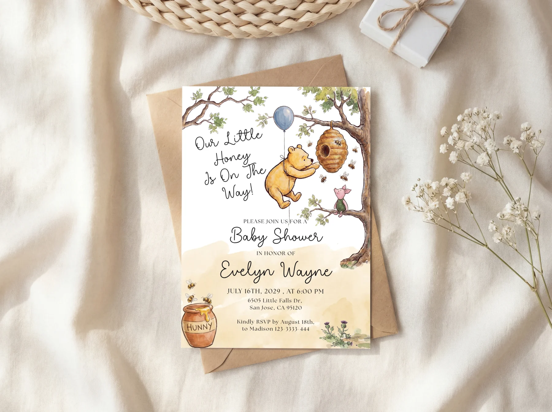Winnie Beige Baby Shower Invitation Set Canva Template detail 4