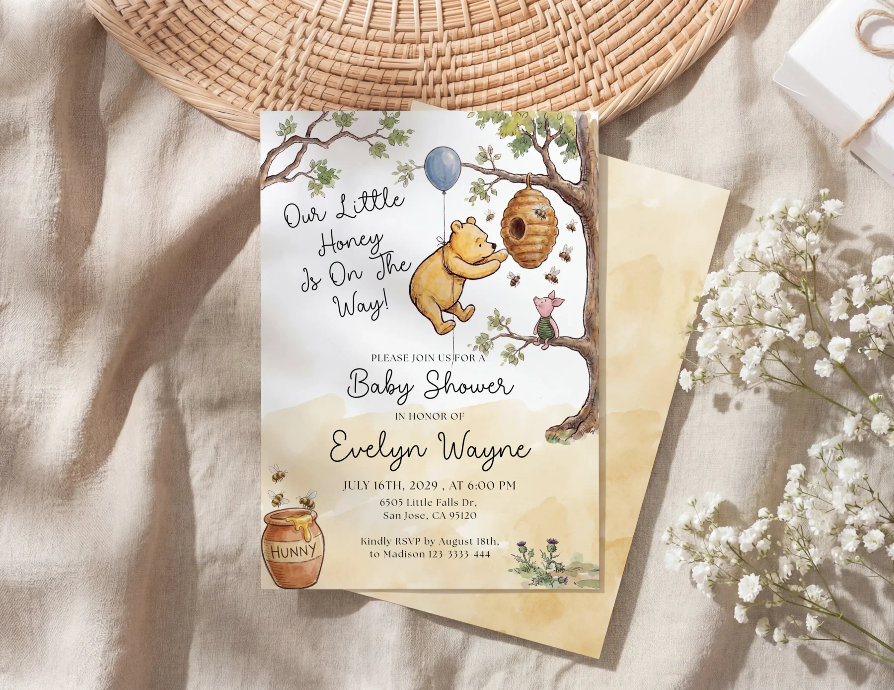 Winnie Beige Baby Shower Invitation Set Canva Template detail 2