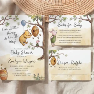 Winnie Beige Baby Shower Invitation Set Canva Template preview