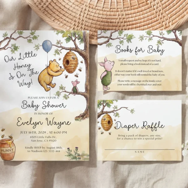 Winnie Beige Baby Shower Invitation Set Canva Template preview
