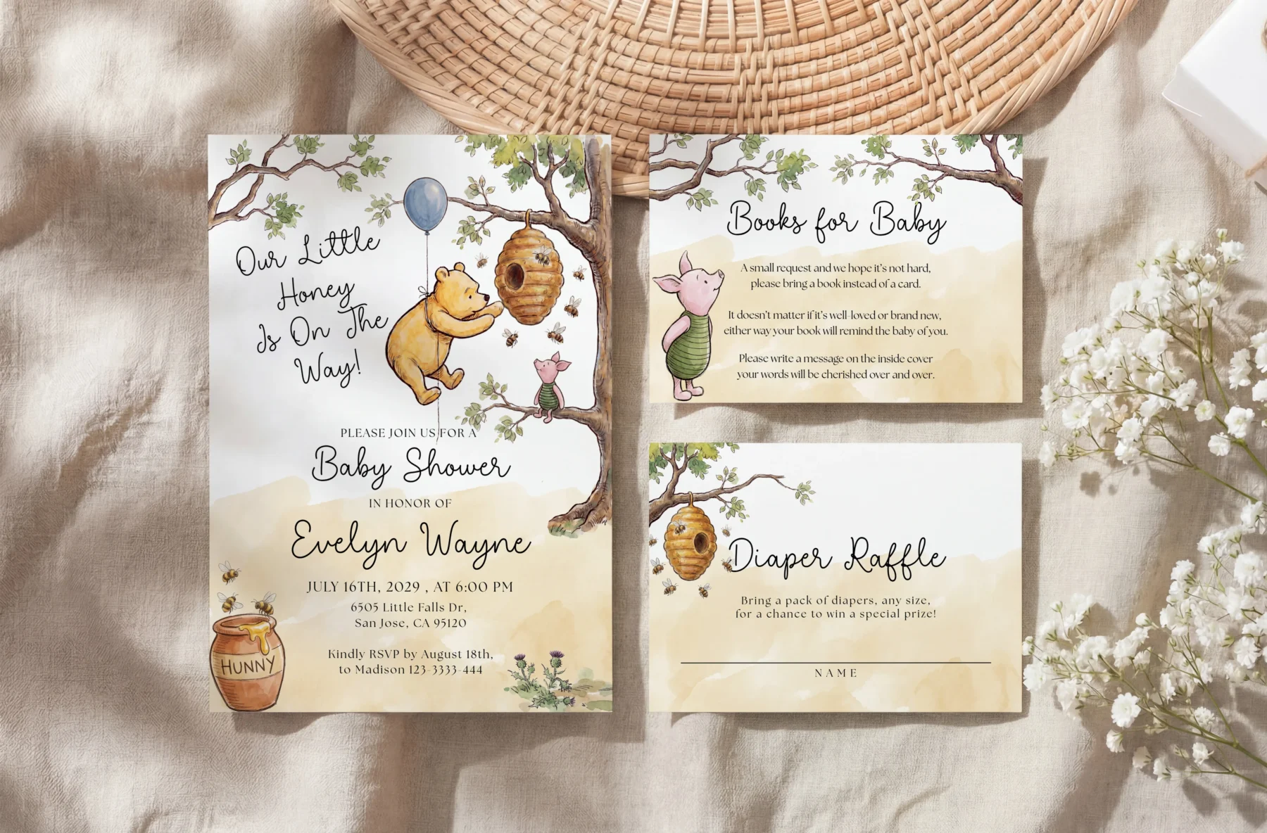 Winnie Beige Baby Shower Invitation Set Canva Template preview
