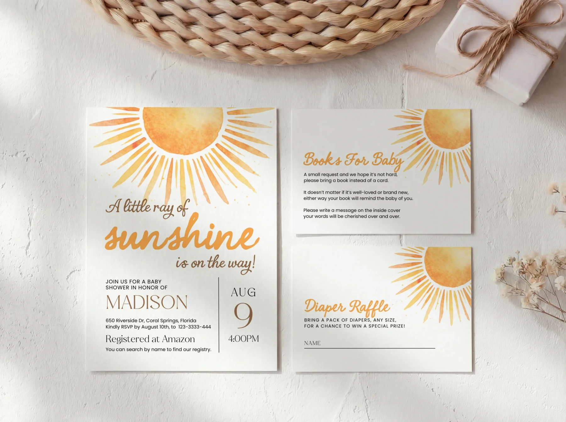 Sunshine Baby Shower Invitation Set Canva Template preview