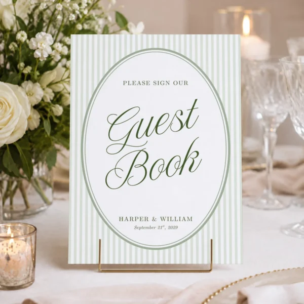 Green Stripes Wedding Sign Canva Template preview
