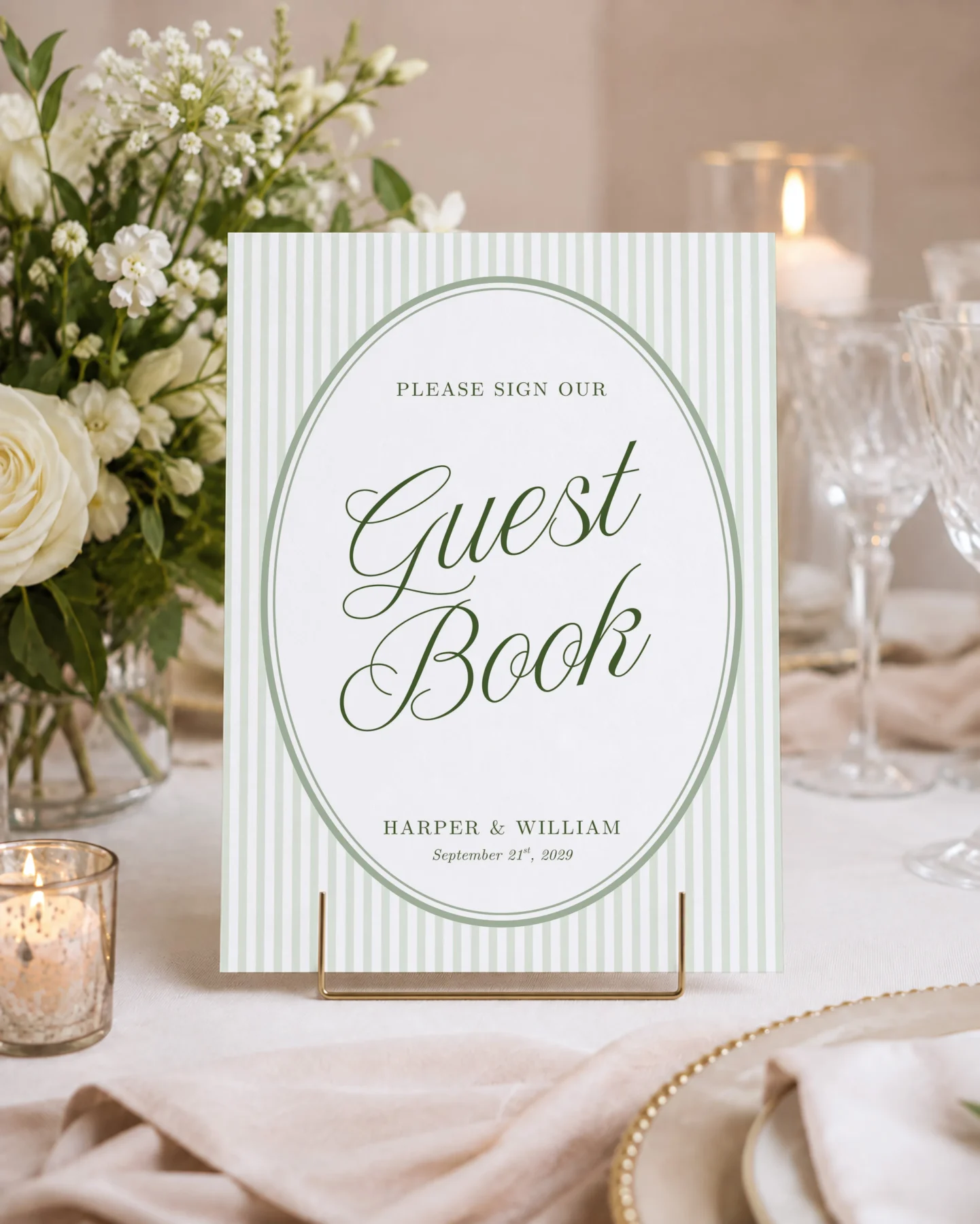 Green Stripes Wedding Sign Canva Template preview