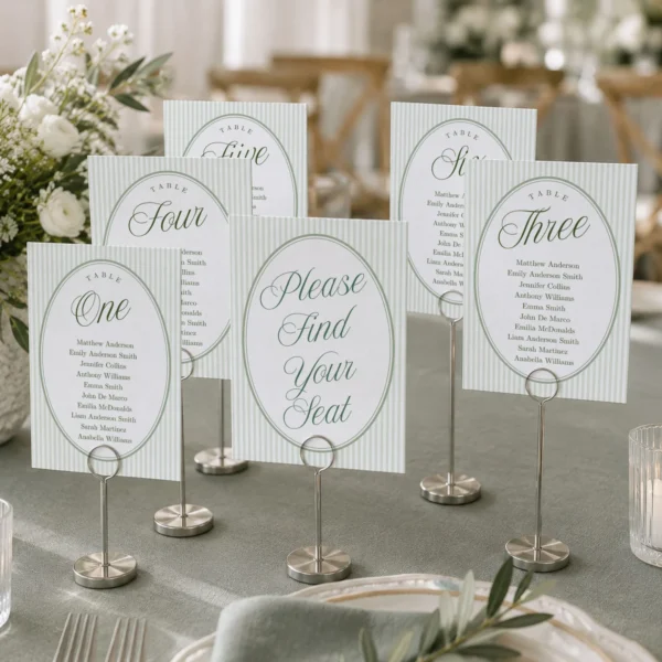 Green Stripes Wedding Seating Chart Cards Canva Template preview