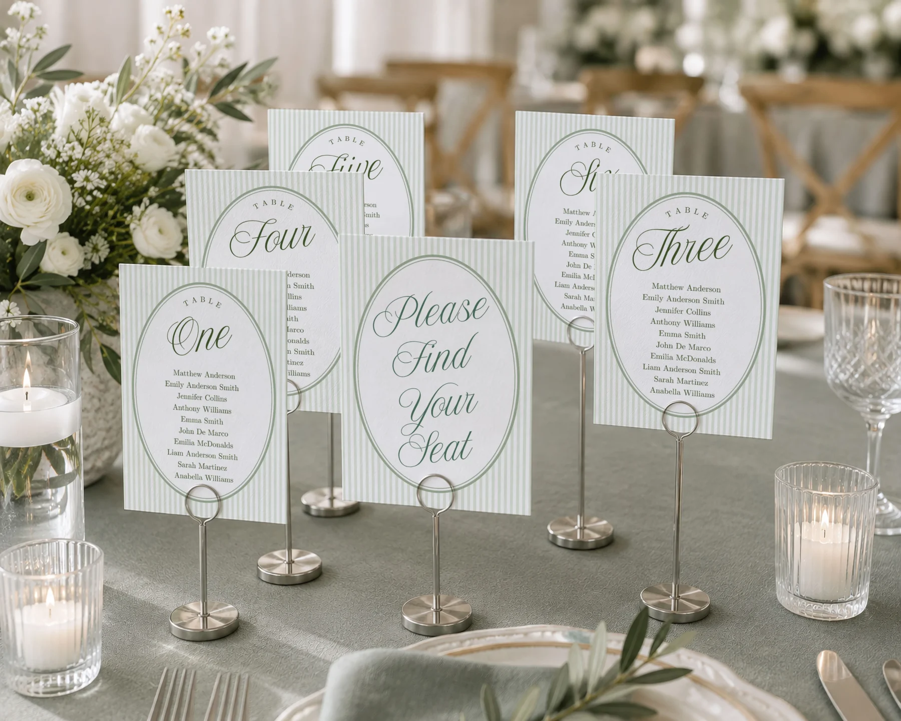 Green Stripes Wedding Seating Chart Cards Canva Template preview