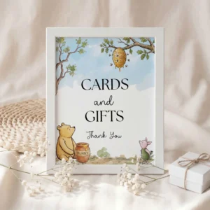 Winnie the Poon Blue Baby Shower Sign Canva Template preview