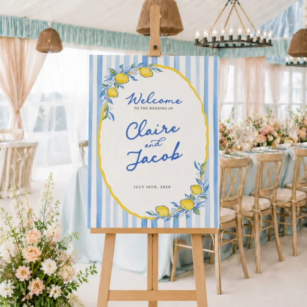 Lemon Blue Bridal Shower Welcome Sign Canva Template preview