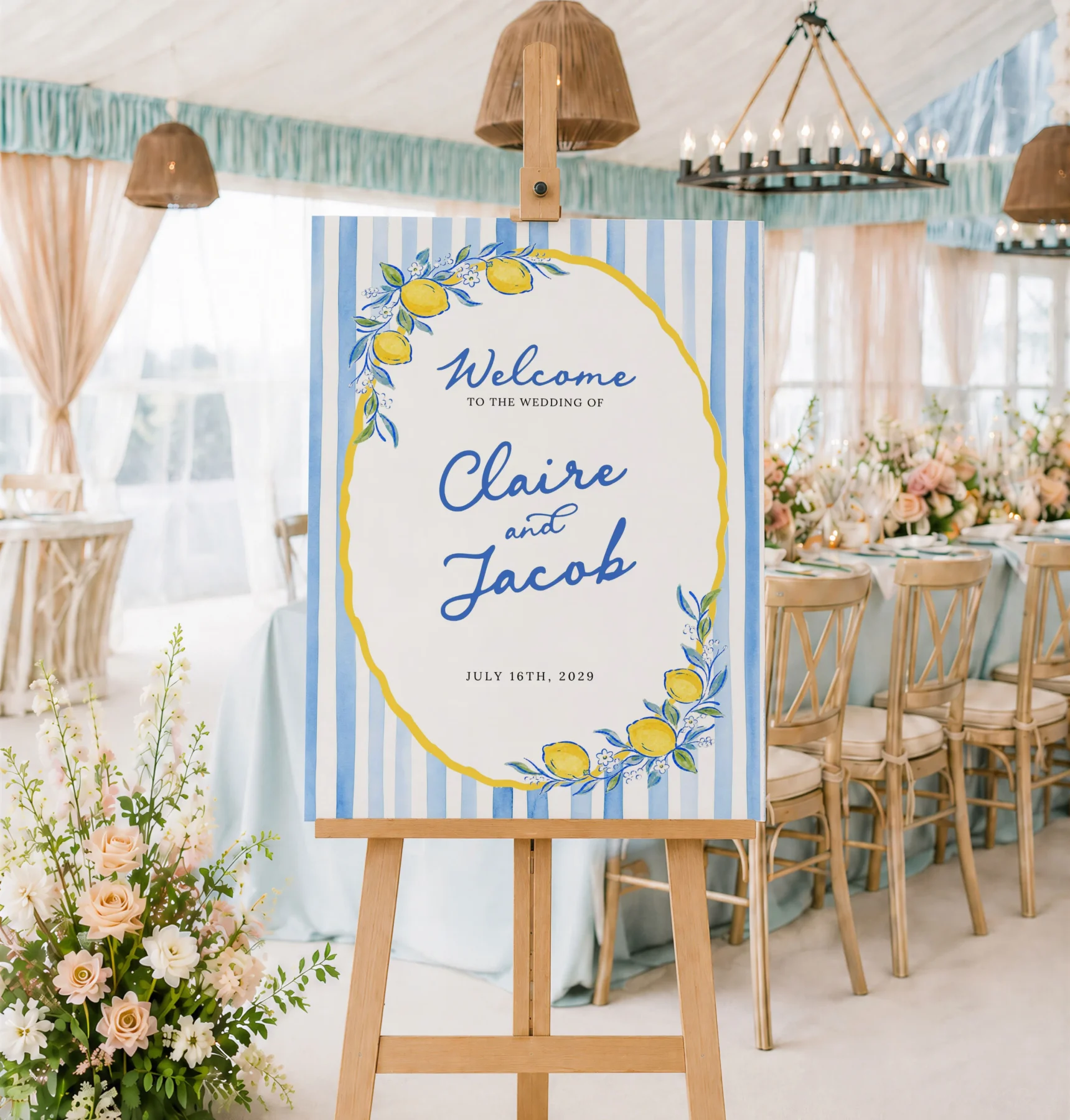 Lemon Blue Bridal Shower Welcome Sign Canva Template preview