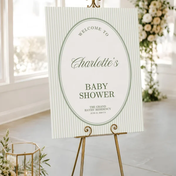 Green Stripes Baby Shower Welcome Sign Canva Template preview