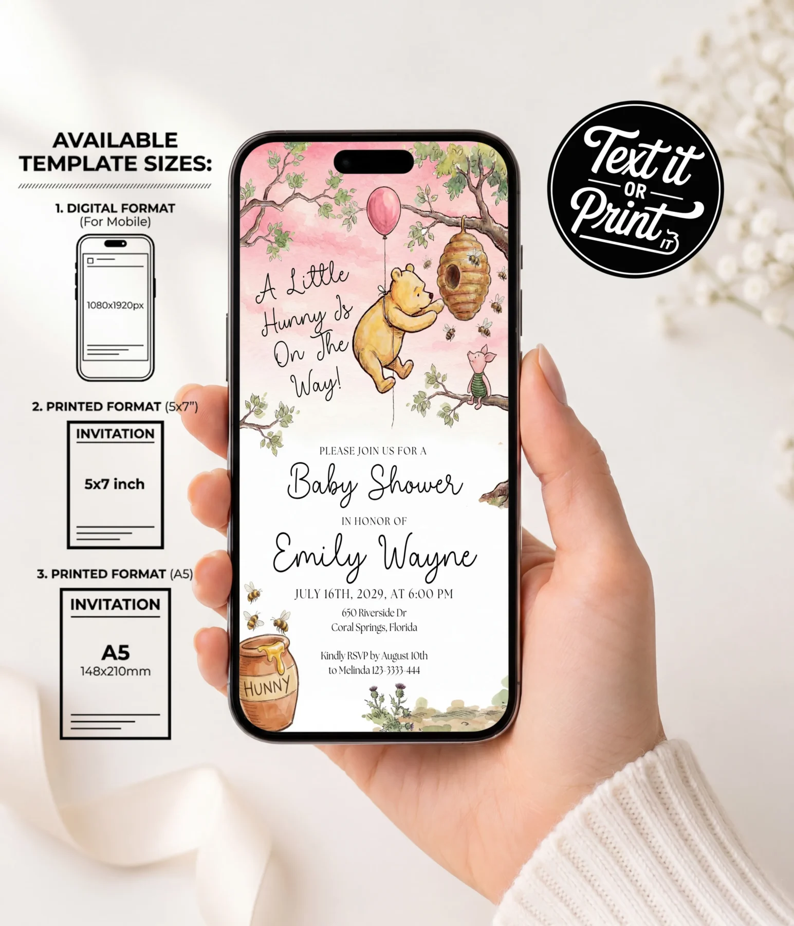 Winnie Pink Baby Shower Invitation Set Canva Template detail 5
