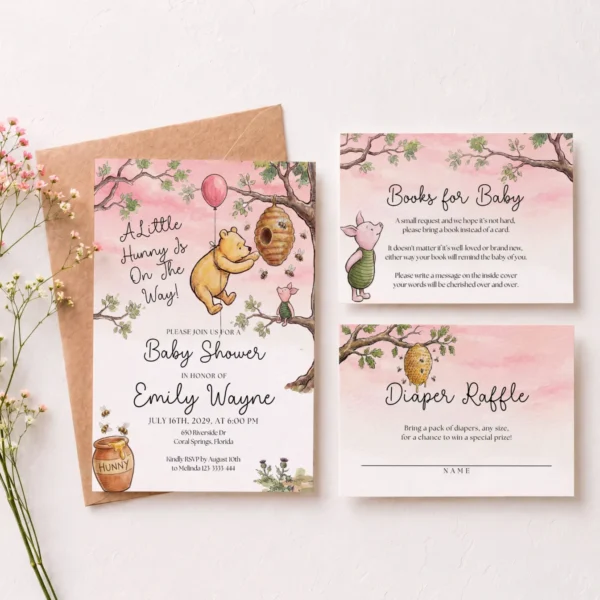 Winnie Pink Baby Shower Invitation Set Canva Template preview