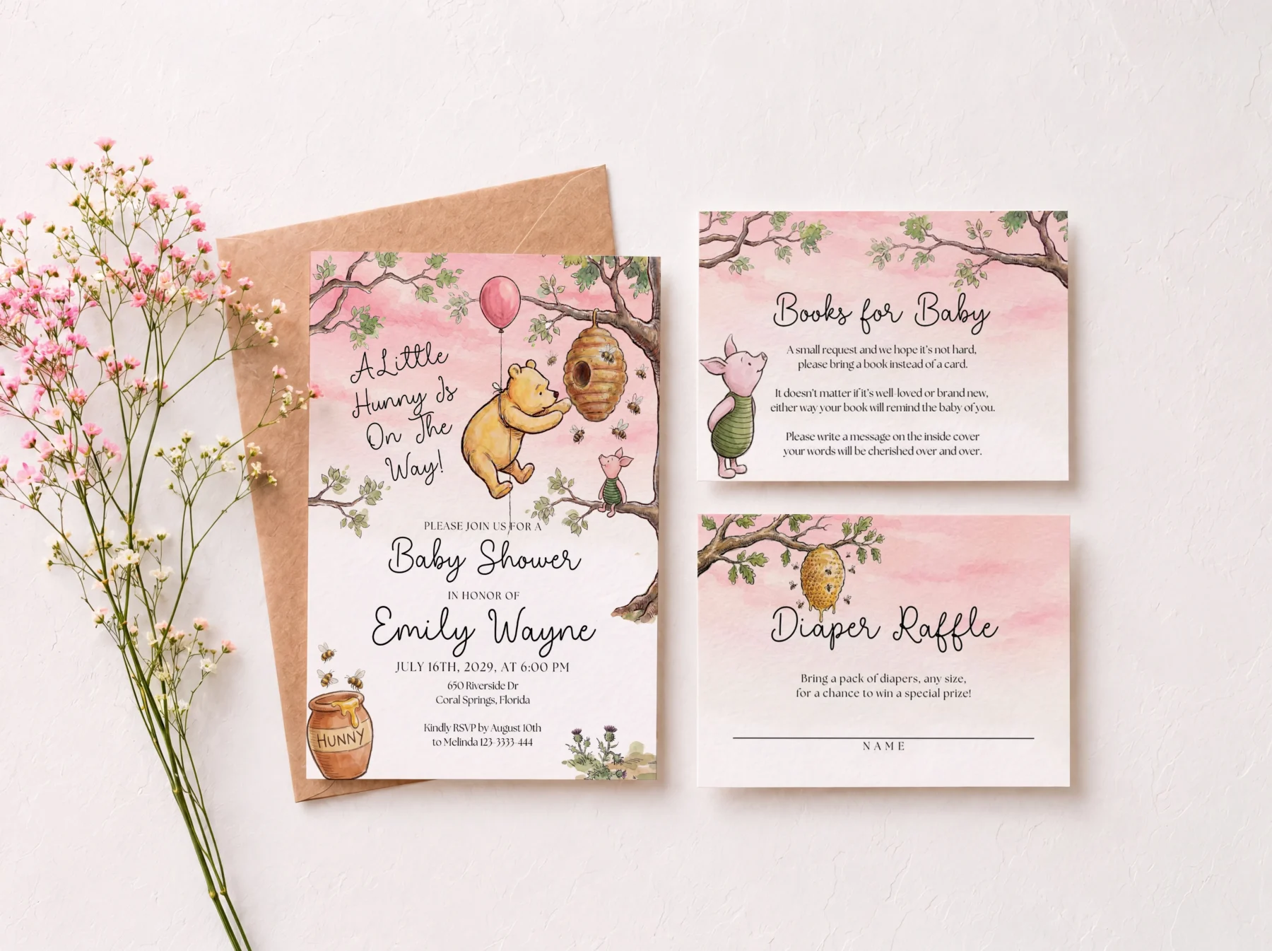 Winnie Pink Baby Shower Invitation Set Canva Template preview
