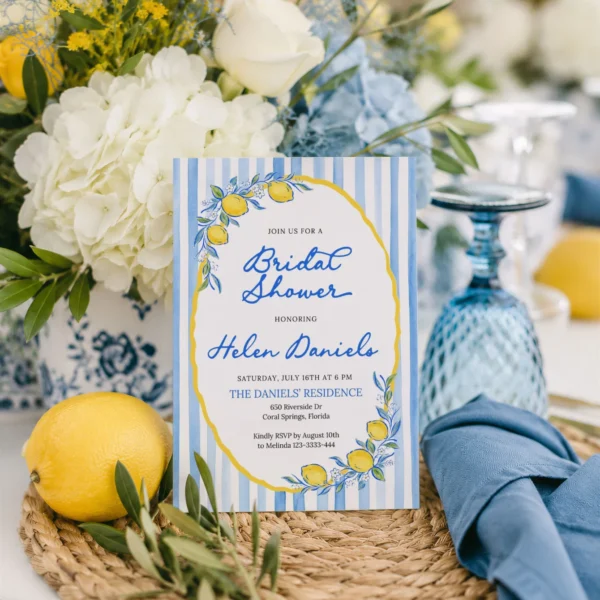 Lemon Blue Bridal Shower Invitation Canva Template preview