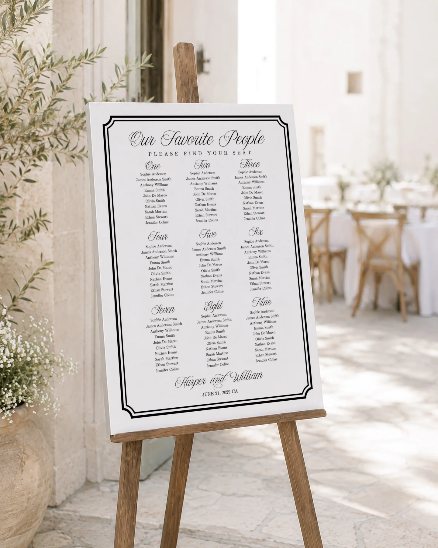 Black Elegant Wedding Seating Chart Canva Template preview