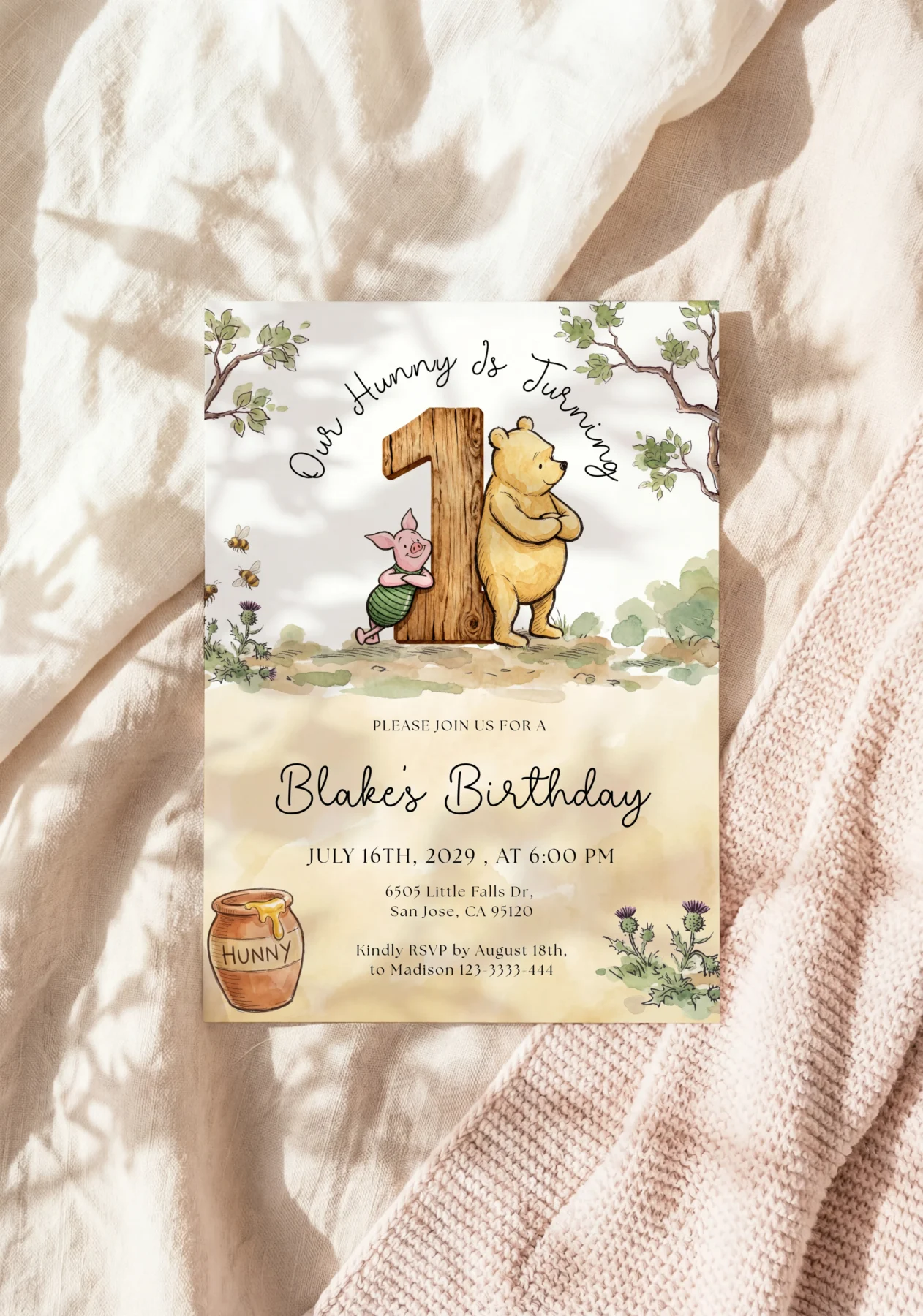 Winnie Beige Birthday Invitation Canva Template detail 2