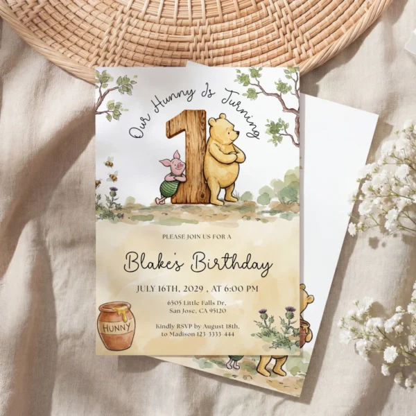 Winnie Beige Birthday Invitation Canva Template preview