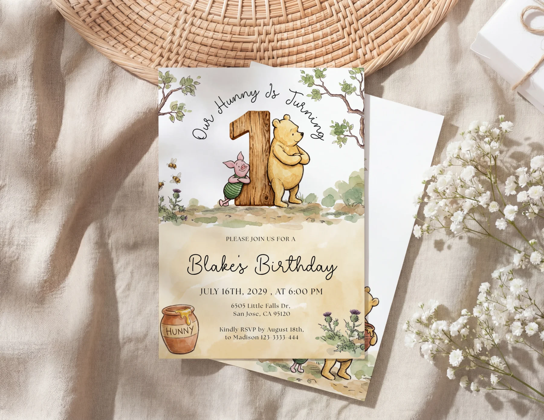 Winnie Beige Birthday Invitation Canva Template preview