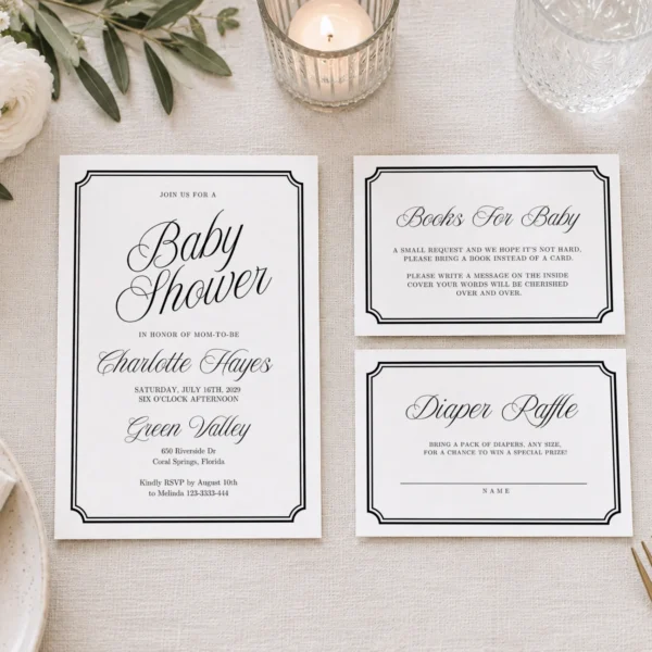 Black Elegant Baby Shower Invitation Set Canva Template preview