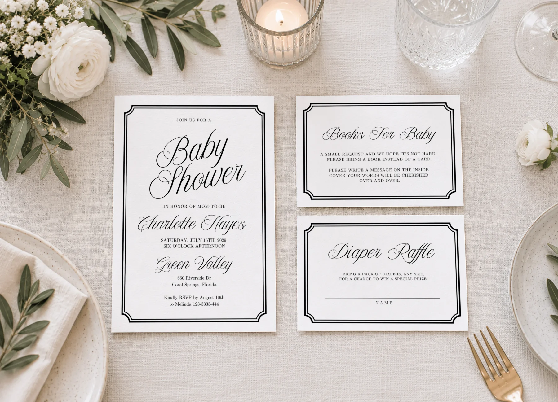 Black Elegant Baby Shower Invitation Set Canva Template preview