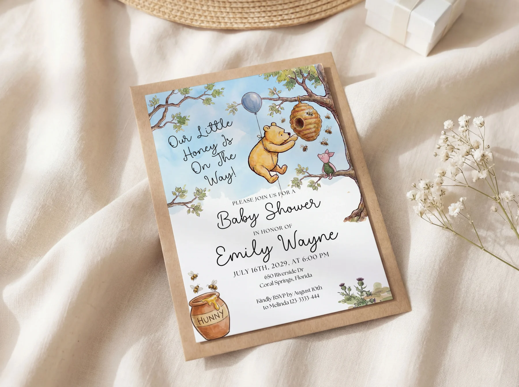 Winnie the Poon Blue Baby Shower Invitation Canva Template detail 3