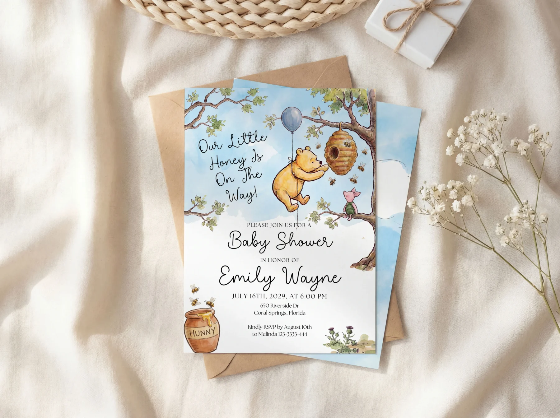 Winnie the Poon Blue Baby Shower Invitation Canva Template detail 5