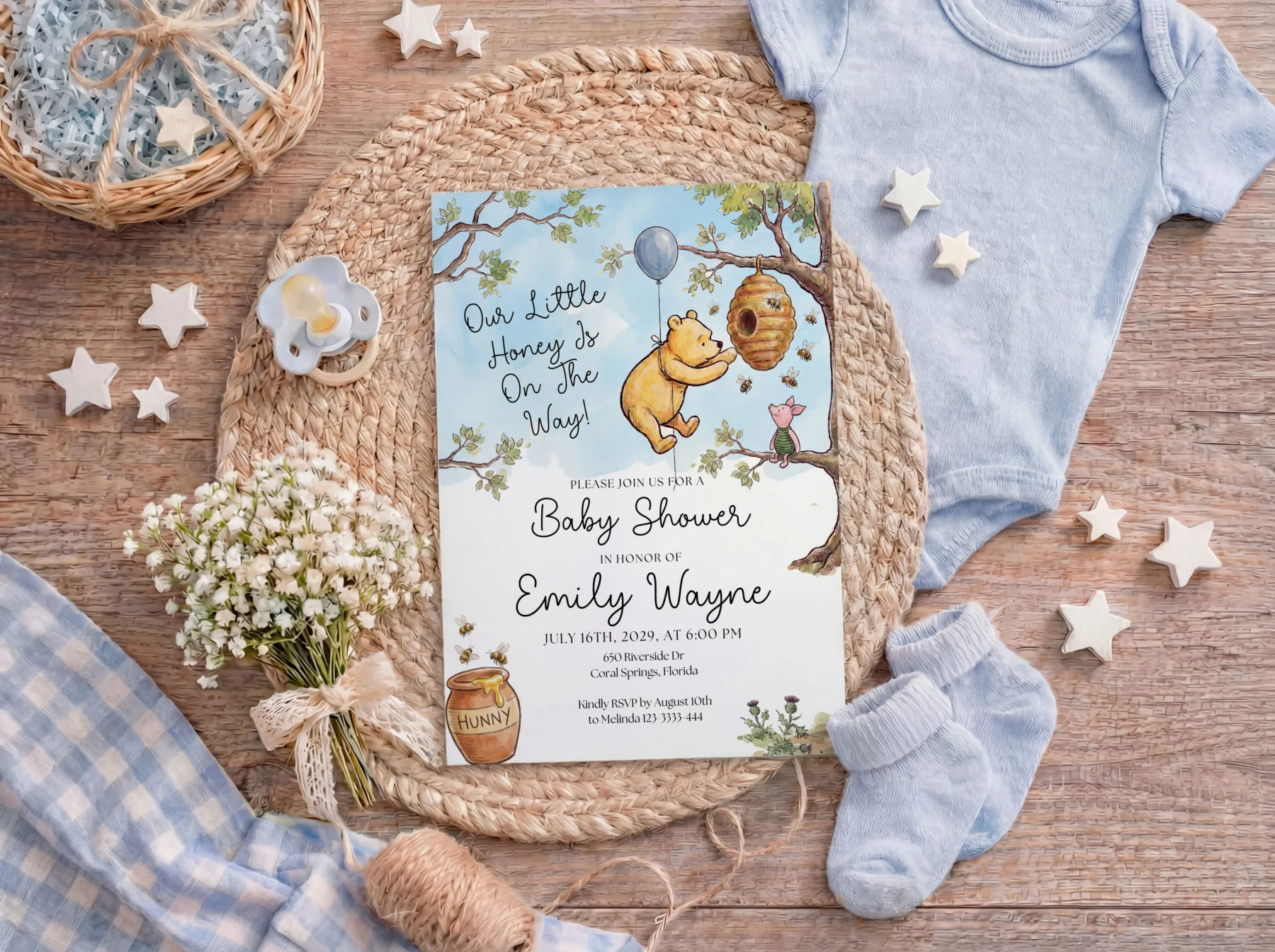Winnie the Poon Blue Baby Shower Invitation Canva Template detail 6