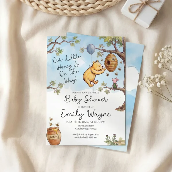 Winnie the Poon Blue Baby Shower Invitation Canva Template preview