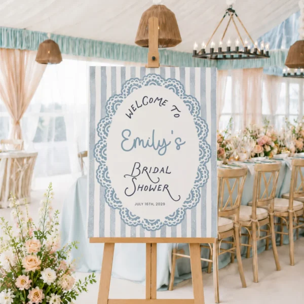 Blue Lace bridal SHower Bridal Shower Welcome Sign Canva Template preview