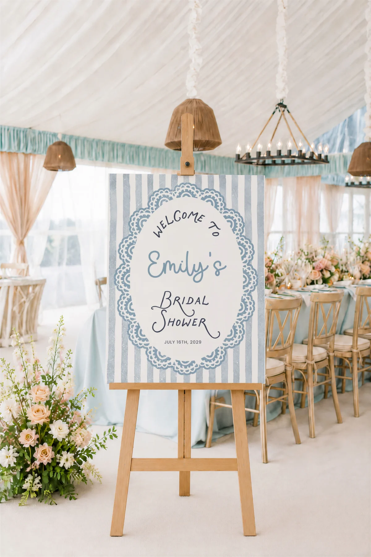 Blue Lace bridal SHower Bridal Shower Welcome Sign Canva Template preview