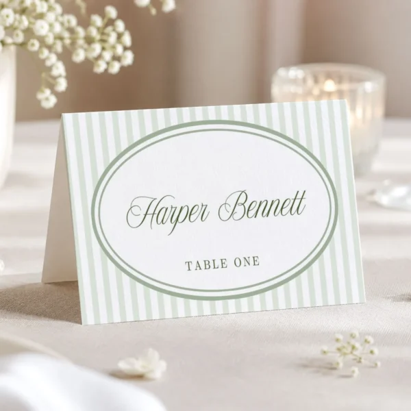 Green Stripes Wedding Place Card Canva Template preview