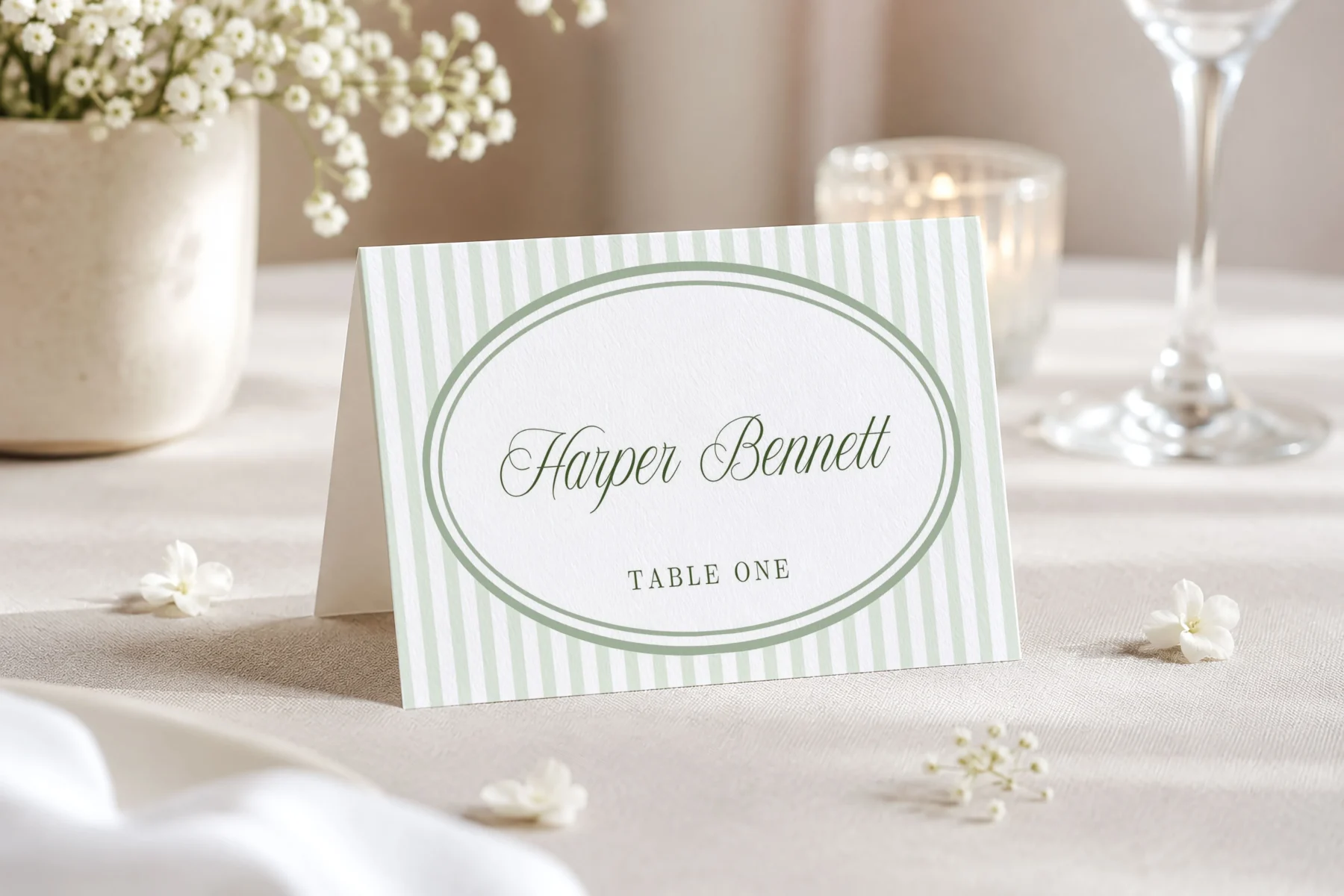 Green Stripes Wedding Place Card Canva Template preview