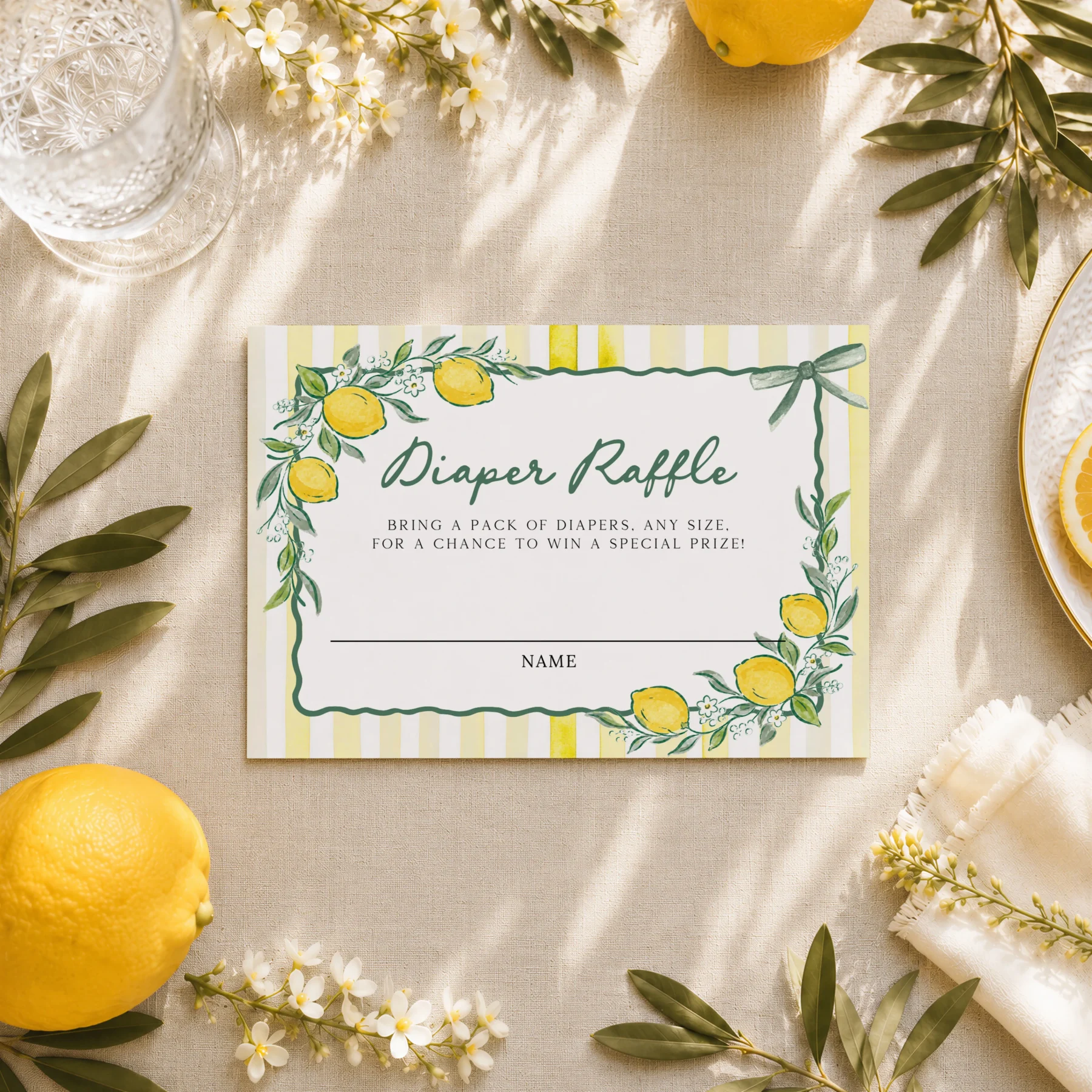 Lemon baby shower Baby Shower Diaper Raffle Card Canva Template preview