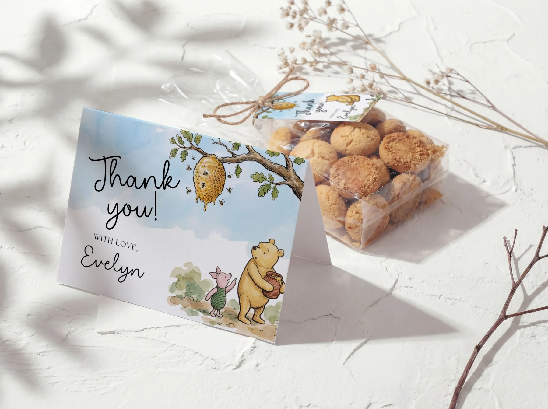 Winnie the Poon Blue Baby Shower Thank You Card Canva Template detail 2