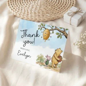 Winnie the Poon Blue Baby Shower Thank You Card Canva Template preview