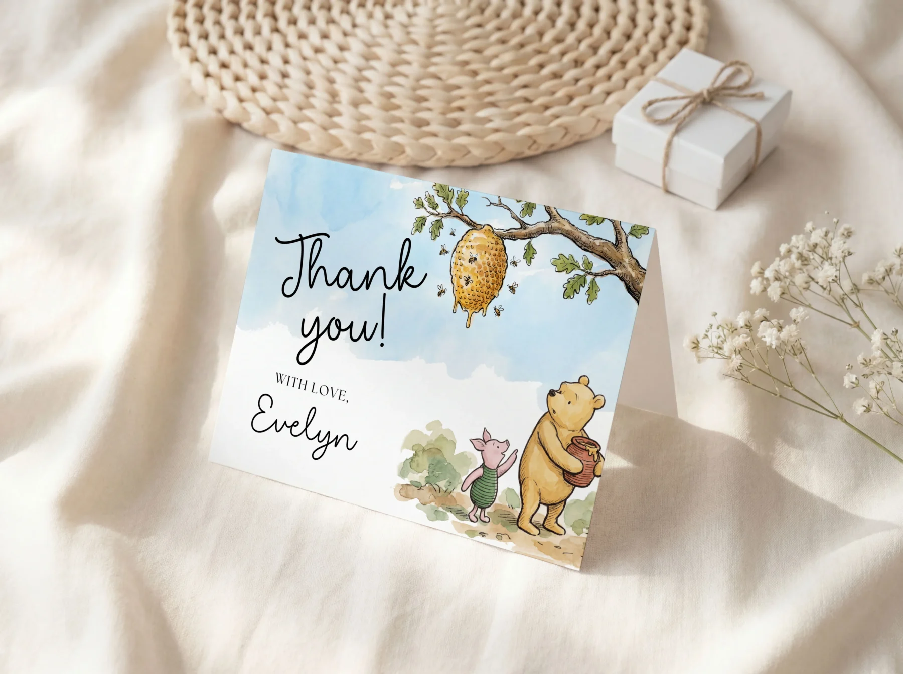 Winnie the Poon Blue Baby Shower Thank You Card Canva Template preview