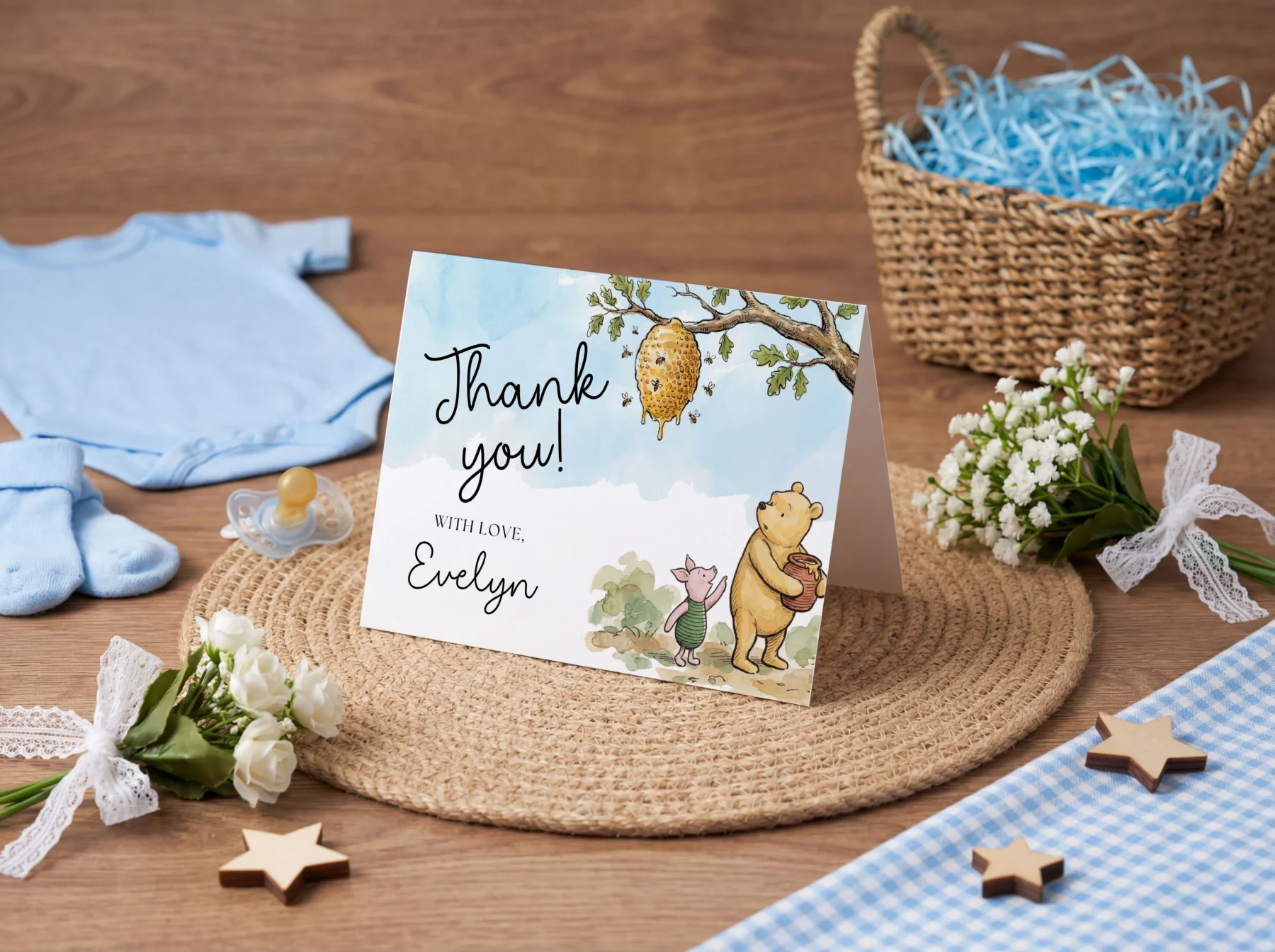 Winnie the Poon Blue Baby Shower Thank You Card Canva Template detail 3
