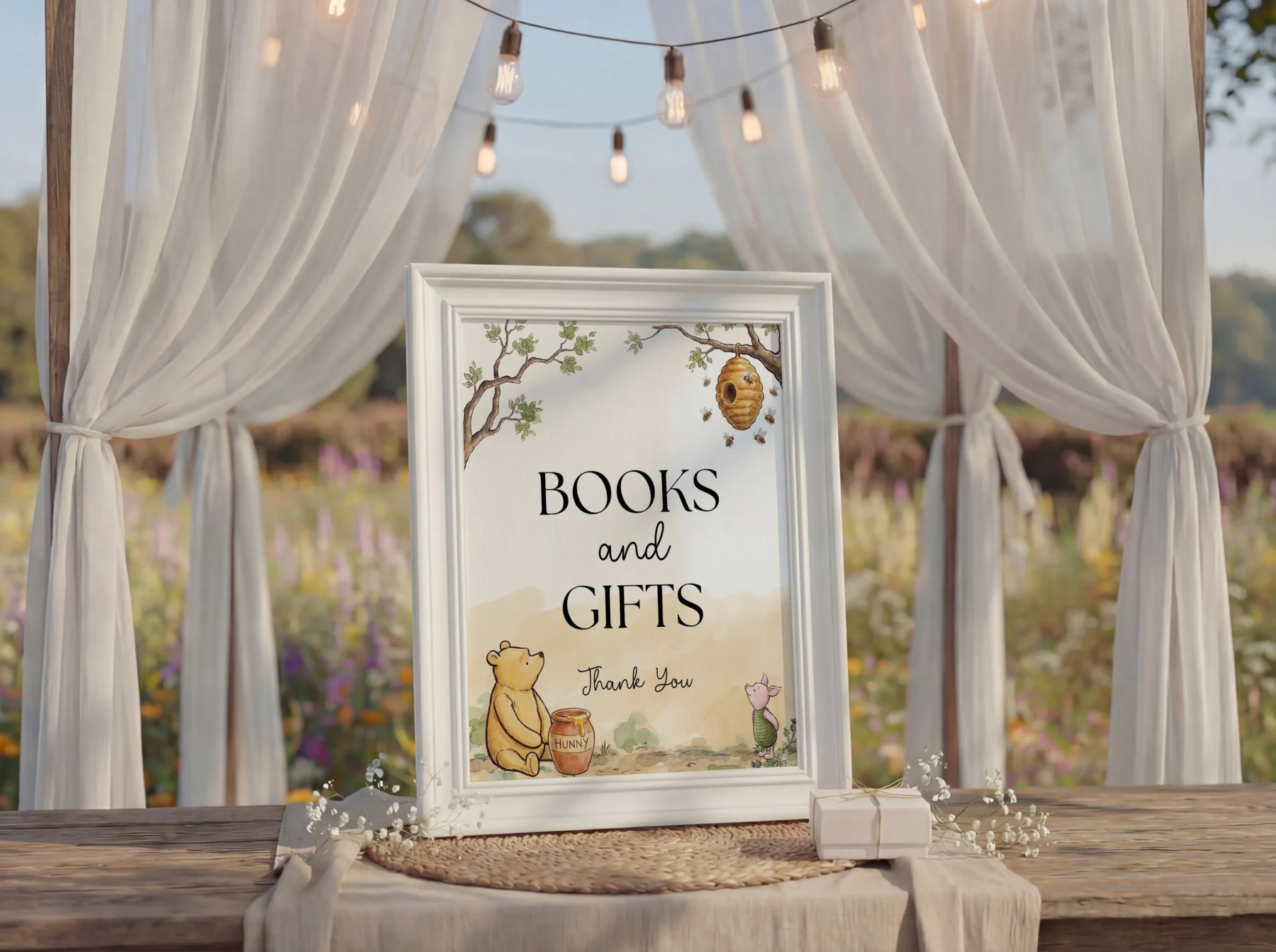 Winnie Beige Baby Shower Sign Canva Template preview