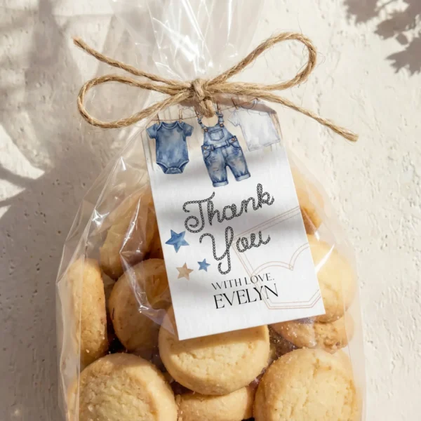 Blue Jean Baby Shower Gift Tag Canva Template preview