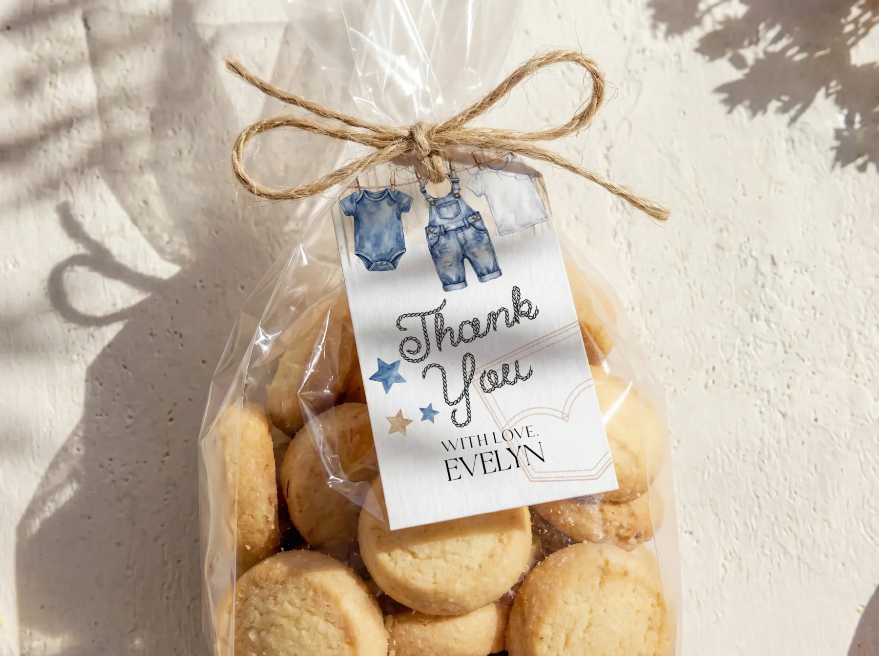 Blue Jean Baby Shower Gift Tag Canva Template preview