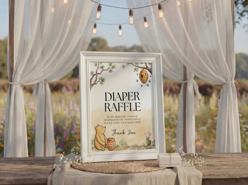 Winnie Beige Baby Shower Diaper Raffle Sign Canva Template preview