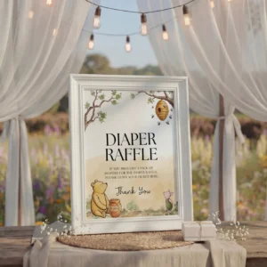Winnie Beige Baby Shower Diaper Raffle Sign Canva Template preview