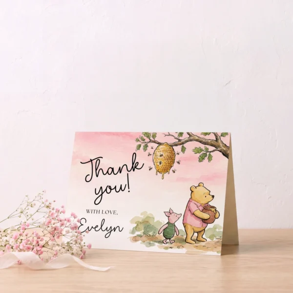 Winnie Pink Baby Shower Thank You Card Canva Template preview