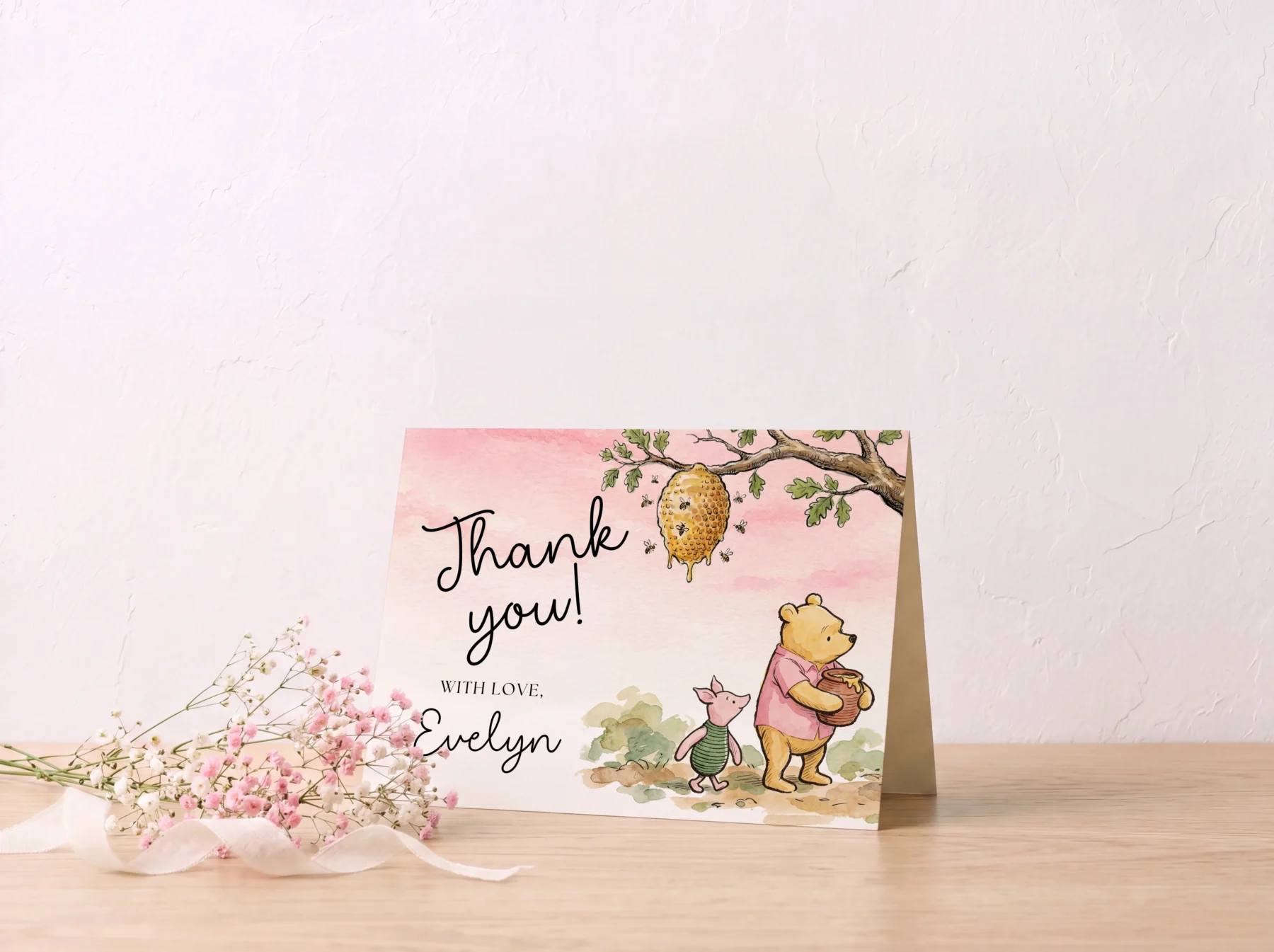 Winnie Pink Baby Shower Thank You Card Canva Template preview