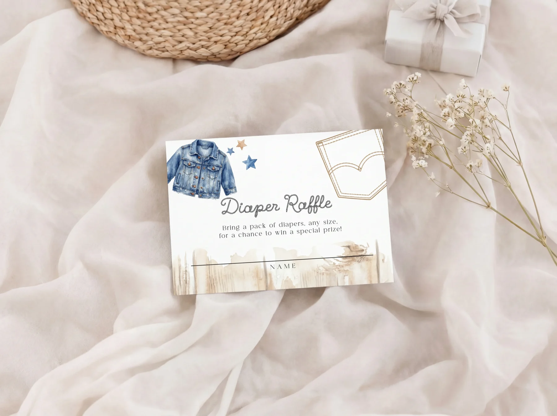 Blue Jean Baby Shower Diaper Raffle Card Canva Template preview