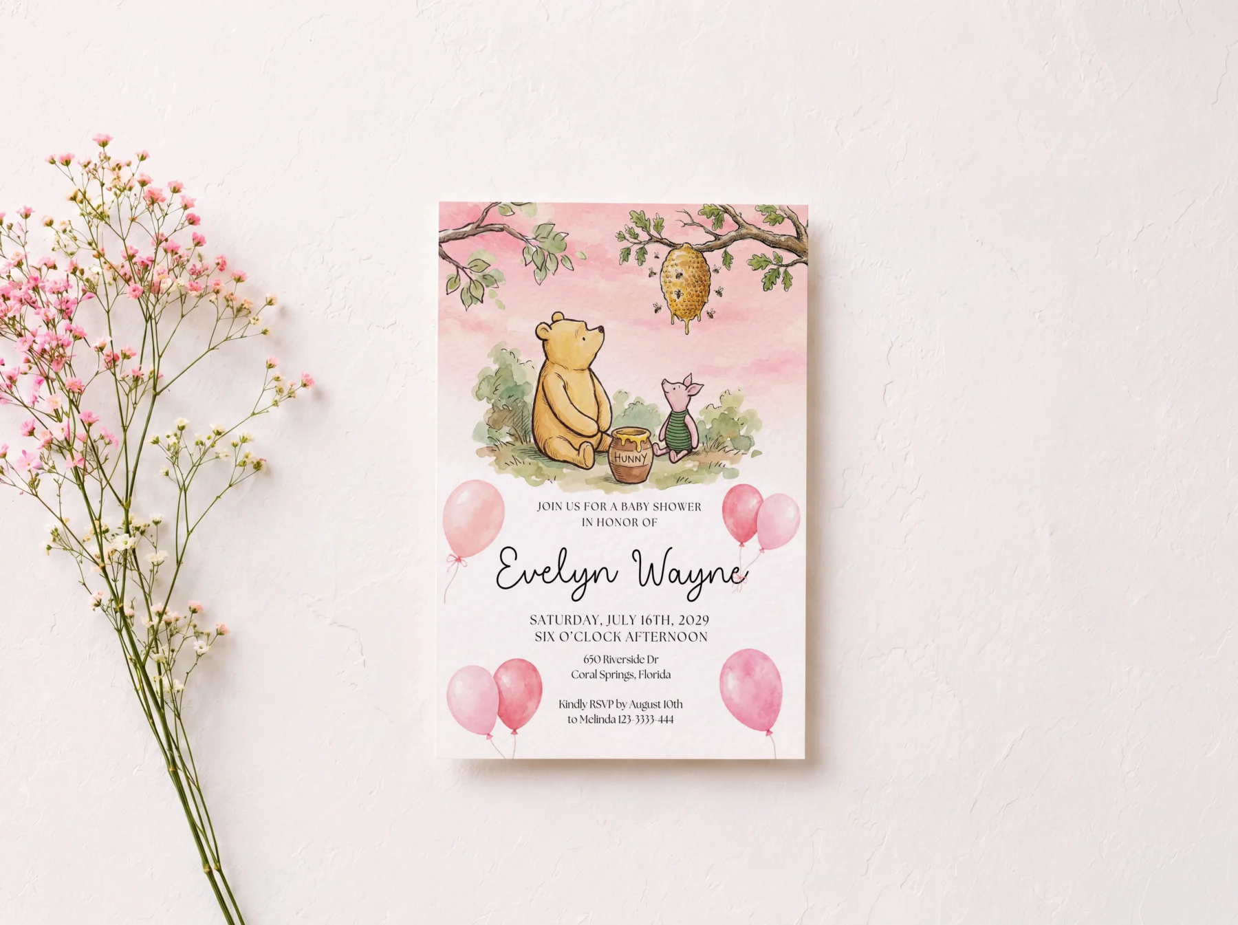 Winnie Pink Baby Shower Invitation Set Canva Template detail 3