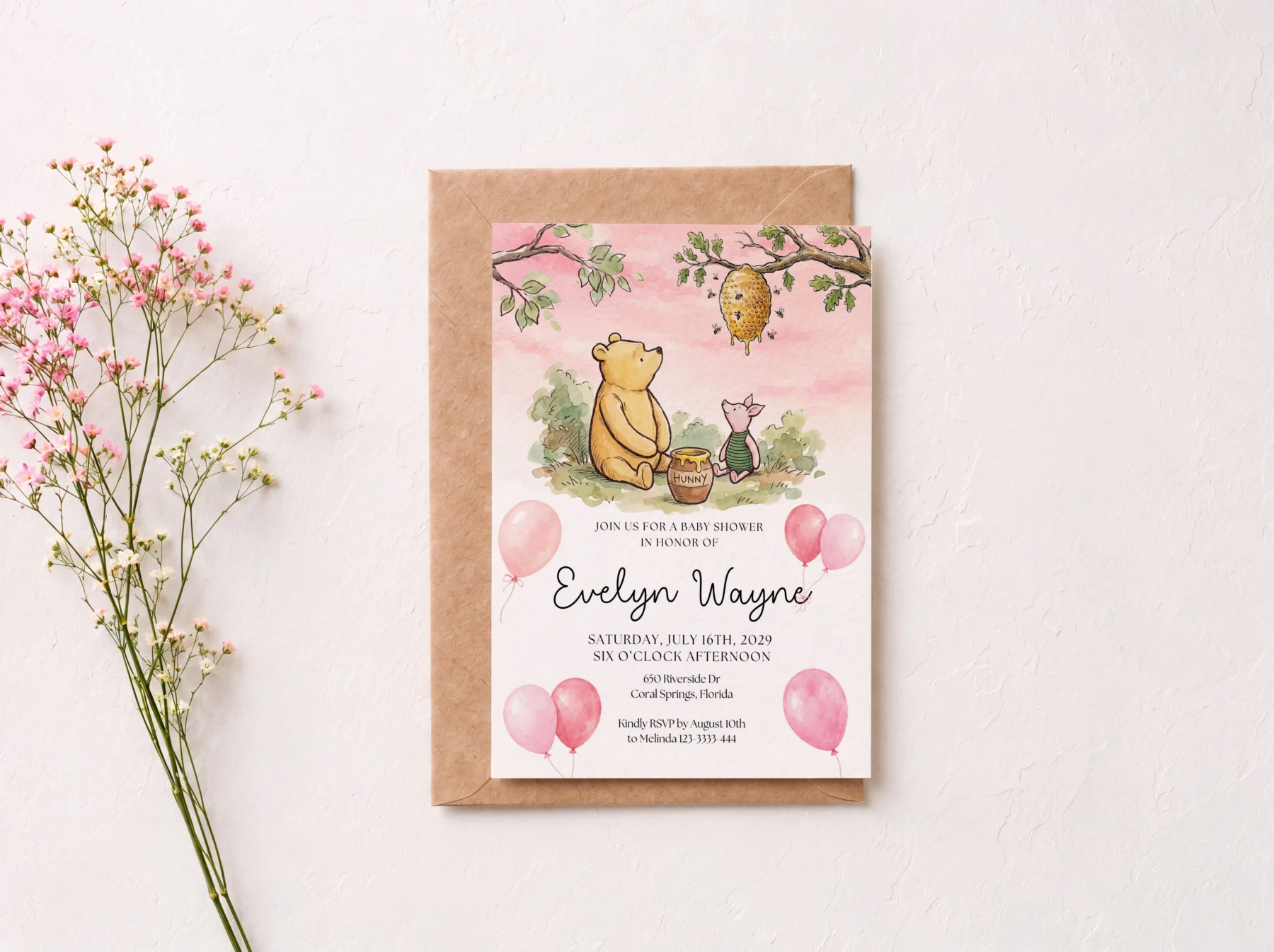 Winnie Pink Baby Shower Invitation Set Canva Template detail 4